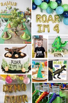 a collage of photos with balloons, cake and decorations for a dinosaur birthday party