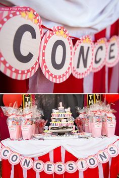 a circus themed birthday party with red and white decorations