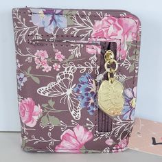 Betsey Johnson - Love Betsey Mauve Lbmoney Wallet Nwt 5 Card Slots Window Id Slot Cash Pocket One Small Zip Pocket Snap Closure Mauve Floral And Butterfly Design Betsey Johnson Signature Lip Charm On Zipper