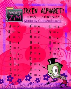 an image of a cartoon character in front of a pink background with flowers and letters