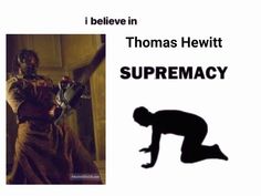 an image of a man holding a chainsaw with the caption'i believe in thomas hewtit '