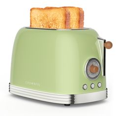 a green toaster with two pieces of bread on it