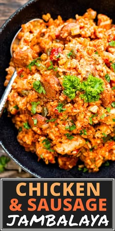 chicken and sausage tambaalaya in a black bowl with a spoon on the side