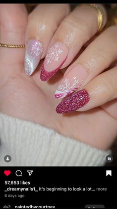 Christmas Gel Nails Ideas 2024, Christmas Nails With Gems, Nails Navidad, Pink Shimmer Nails, Shimmer Nails, Nails Festive, Gold Gel Nails, Acrylic Nails Almond Shape, Christmas Nail Art Ideas