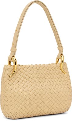 Padded intrecciato-woven grained lambskin shoulder bag in beige. · Adjustable shoulder strap · Magnetic closure at interior throat · Gold-tone brass hardware · H7 x W9.5 x D4.5 in Supplier color: Porridge Gold Shoulder Bag With Braided Handles For Formal Occasions, Formal Gold Shoulder Bag With Braided Handles, Formal Beige Shoulder Bag With Intrecciato Weave, Elegant Gold Shoulder Bag With Woven Leather, Luxury Beige Shoulder Bag With Open Weave, Gold Woven Leather Shoulder Bag, Elegant Beige Shoulder Bag With Intrecciato Weave, Designer Beige Shoulder Bag With Intrecciato Weave, Elegant Gold Shoulder Bag With Intrecciato Weave