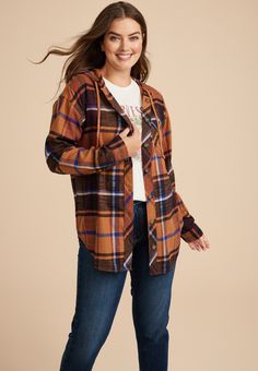 Cabin Plaid Boyfriend Hooded Button Down Shirt - Materials & Care:imported - 100% cotton - machine wash Casual Hooded Top With Button Closure, Casual Cotton Hoodie With Button Closure, Hooded Cotton Top With Button Closure, Cotton Hoodie With Buttons For Fall, Cotton Hoodie With Button Closure, Fall Cotton Tops With Adjustable Hood, Cotton Tops With Adjustable Hood For Fall, A Cabin, Fall Clothes