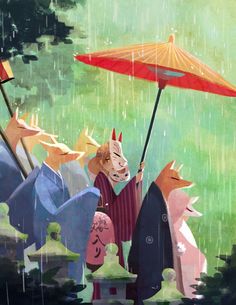 some people are holding an umbrella and standing in the rain with animals under them on a rainy day