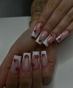 Simple Valentine’s Day Nails Coffin, Valentines Nails Designs With Initial, Valentines Day Nails Lips, I Love You Nails, Red Nails Acrylic Valentines Day, Valentines Initial Nails, Valentines Square Nails, Nails St Valentin, Medium Valentines Nails