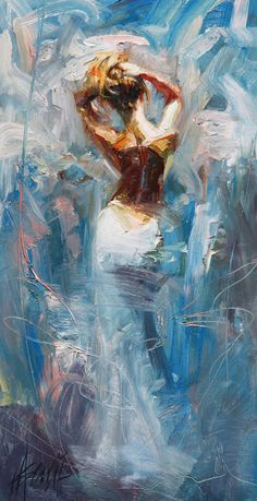 an abstract painting of a woman in white and blue dress with her hands behind her head