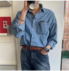 Product Show： Denim Blue Long Sleeve Shirt With Button Closure, Denim Blue Long Sleeve Shirt With Buttons, Long Sleeve Denim Blue Shirt With Buttons, Streetwear Luxury, Button Shirts, Denim Shirt Men, Custom Made Clothing, Luxury Clothing, Button Shirt