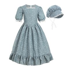 PRICES MAY VARY. ❤Two-piece Prairie Dresses for Girls: 1*Blue Floral Print Pioneer Girls Dress, 1*Bonnet ❤ Features: This girls laura ingalls wilder costume comes with a simple flower print dress that has back zipper. Square neck with lace trim. Short sleeve has elastic and lace edging at cuffs. No young pioneer girl outfit would be complete without a bonnet, so this costume also comes with a traditional bonnet that has lace brim with elastic at the back and an under-chin tie for comfort. ❤ Prai Pioneer Dresses For Kids, Pioneer Dresses, Colonial Costume, Country Girl Dresses, Pioneer Girl, Pioneer Trek, Pioneer Dress, Prairie Dresses, Baby Costumes Girl