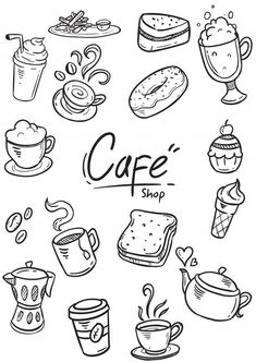 hand drawn cafe and coffee shop icon set in doodle style with different types of food