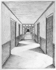 a pencil drawing of an empty hallway