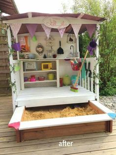 an outdoor play house made out of pallets and sandboxes is featured on instagram