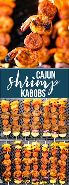 several different types of food on skewers and in the background is an image of shrimp kabobs