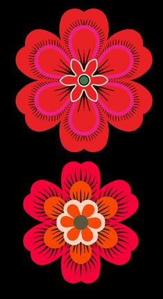 three different colored flowers on a black background