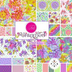 an assortment of colorful flowers and polka dots on a multicolored background with the words,