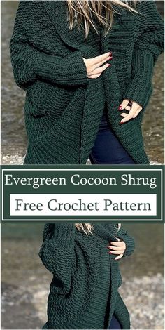 a woman wearing a green cocoon shawl with the text, free crochet pattern