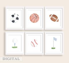 four framed pictures with different sports items on them, one is white and the other is black