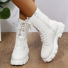 Category:Boots; Upper Materials:PU; Season:Winter; Heel Type:Platform,Chunky Heel; Gender:Women's; Toe Shape:Round Toe; Type:Booties Ankle Boots; Style:Industrial Style,Fashion,Gothic,Comfort,Punk; Heel Height(inch):2-3; Outsole Materials:Rubber; Occasion:Outdoor,Daily,Party; Closure Type:Lace-up; Pattern:Solid Color; Listing Date:09/24/2023; 2024 Trends:Plus Size,Combat Boots,Platform Boots,Lace Up Boots,Height Increasing Shoes Chique Outfit, Everyday Boots, Women's Motorcycle Boots, White Ankle Boots, Black Platform Shoes, Women Platform Shoes, Black Platform Boots, Casual Leather Shoes, Winter Ankle Boots