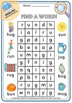 an english word search game with words and pictures