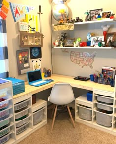 a white chair sitting in front of a desk filled with lots of drawers and bins