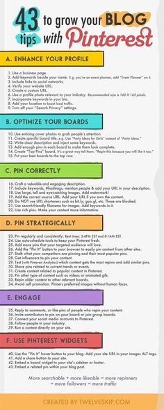 a poster with the words 43 to grow your blog tips with pinterest on it