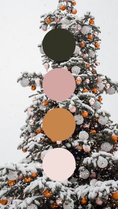 a christmas tree covered in snow with different colored circles on it's top and bottom