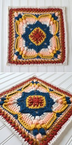 two crocheted squares with different colors on them