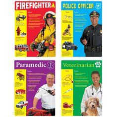 four pamphlets with different types of people and animals on them, including police officer, paramedic, veterinarian