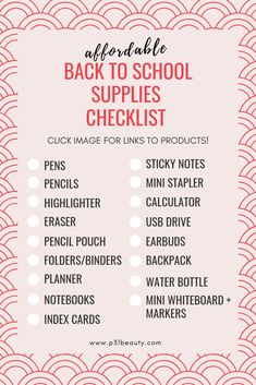 the back to school supplies checklist is shown with red and white circles on it