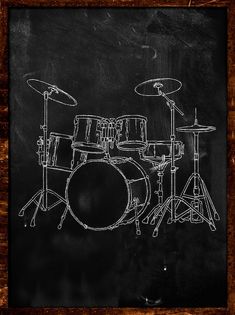 a drawing of a drum set on a chalkboard