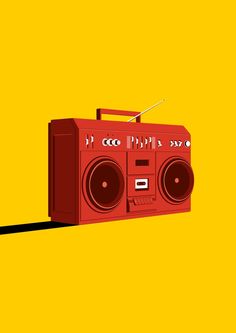 a red boombox sitting on top of a yellow floor next to a black line