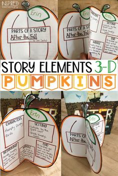 the story elements for pumpkins is shown in four different pictures