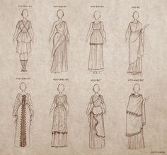 an old paper drawing shows different types of dresses