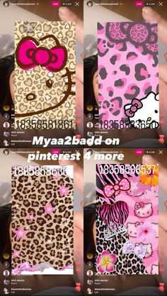 the hello kitty phone case is shown in four different colors and sizes, including pink, brown