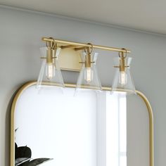 a bathroom vanity light with three lights on the side and a mirror in front of it