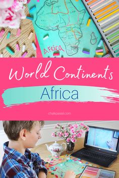 a young boy sitting at a desk in front of a laptop with the words world contents africa on it