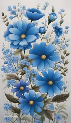 a painting of blue flowers on a white background