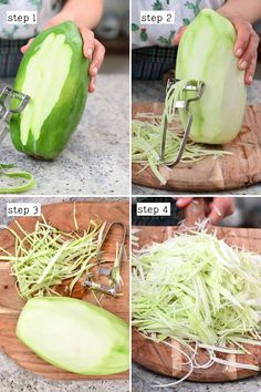 four pictures showing how to cut and grate an uncooked cucumber