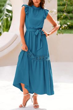 Style: Casual Material: 97% polyester, 3% spandex Pattern: Solid color Neckline: Round neck Sleeves: Sleeveless Design: Bohemian style long dress with ruffled design, loose and flowing Occasions: Party, date, dinner, vacation, beach, vacation, going out, etc. Create a stylish look. Season: Spring, summer, fall Washing care: machine wash in cold water. Wash with similar colors. Allow to dry. Solid Color Chiffon Beach Dress, Sleeveless Chiffon Midi Dress With Ruffle Hem, Blue Sleeveless Chiffon Maxi Dress, Chiffon Beach Dress With Ruffle Hem, Beach Chiffon Dress With Ruffle Hem, Chiffon Dress With Ruffle Hem For The Beach, Blue Chiffon Midi Dress With Ruffles, Blue Chiffon Midi Dress For The Beach, Blue Chiffon Midi Dress For Beach