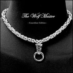 My Wolf Master necklace features my original design Norse Fenrir Wolf head on a thick 8mm precision-made stainless steel chainmaille chain. There is a hex lock centered behind the neck. There is no other clasp. It includes 2 different connector rings. Choose from 11 standard lengths in 1-inch increments - 14 to 24 inches. The necklace will come to you packaged inside a black velvet drawstring pouch nested in our deluxe gift box along with my signed certificate of authenticity.  The premium quality 8mm round stainless chainmaille necklace is precision-shaped and formed from stainless steel rings. The large snarling wolf head is polished stainless steel with antique accents as are the spring ring connectors. The hex lock is 316L polished stainless steel - see included images with locking and Chainmail Jewelry Patterns, Norse Fenrir, Snarling Wolf, Fenrir Wolf, Locking Collar, Chainmaille Necklace, Chainmail Jewelry, Wolf Head, Drawstring Pouch