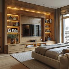 a bedroom with a large bed and entertainment center