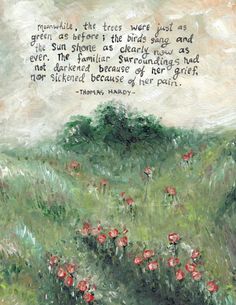 a painting with a poem written in it on the side of a field full of red flowers