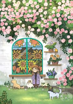 a painting of a woman standing in front of a window with flowers on the outside