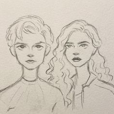 pencil drawing of two women with curly hair and one is looking at the camera while the other looks on