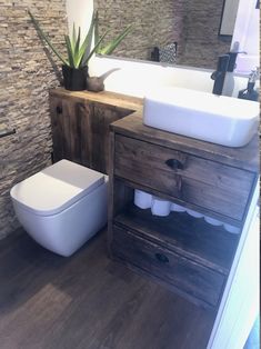 a white toilet sitting next to a sink in a bathroom under a wooden vanity top