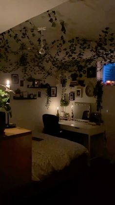 a bedroom with a bed, desk and hanging plants on the wall above it at night