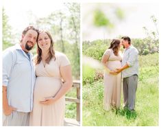 a pregnant couple standing in the grass together