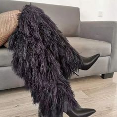 Black Faux Fur Boots Pointy Toe Heels Knee-high Boots Women Shoes Fur Boots Heels, Black Fur Boots, Black Military Boots, Army Shoes, Pointy Boots, Fur Heels, Black Thigh High, Pointy Toe Heels, Boots Patterns